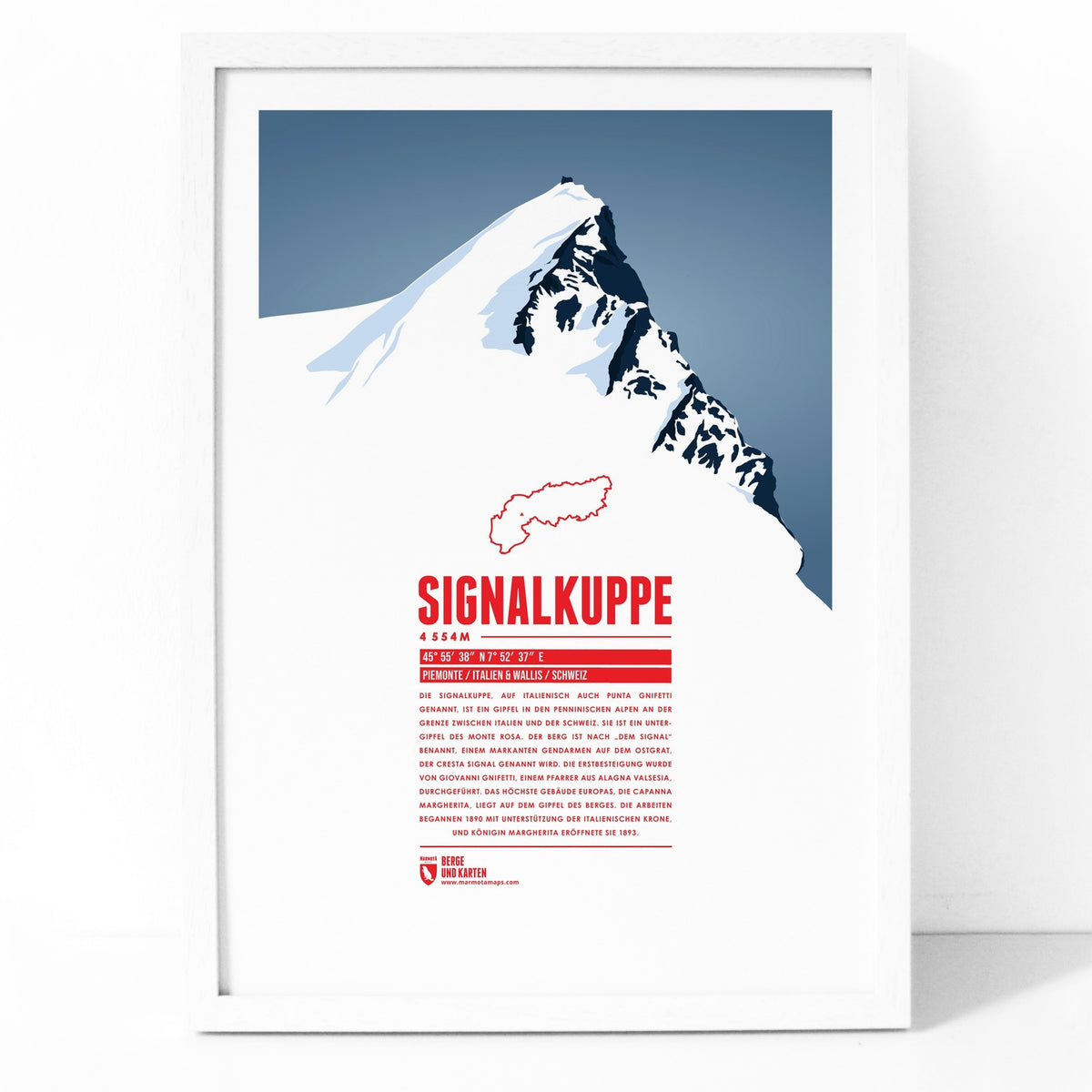 Signalkuppe als illustrierter Druck von Marmota Maps im Holzrahmen (4554 m, Walliser Alpen)