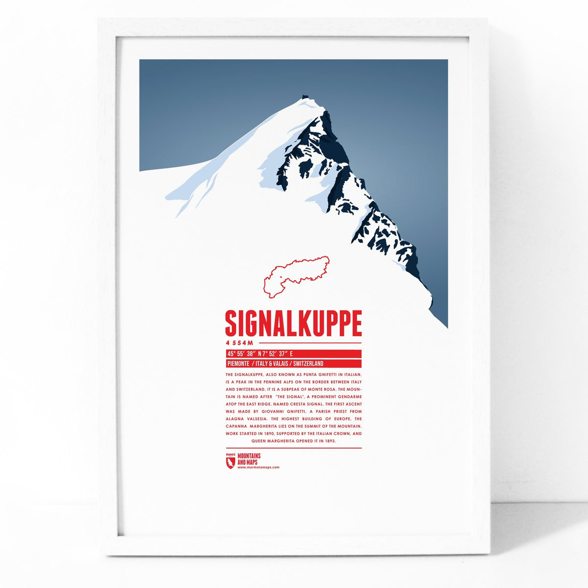 Signalkuppe as an illustrated print by Marmota Maps in a wooden frame (4554 m, Valais Alps)