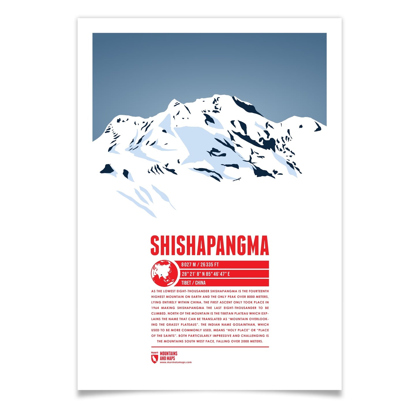 Shishapangma als illustrierter Druck von Marmota Maps (8027 m, Himalaya)