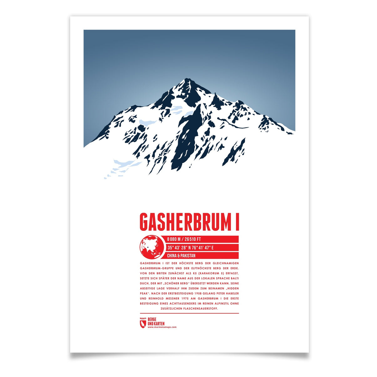 Gasherbrum I als illustrierter Druck von Marmota Maps (8080 m, Karakorum)