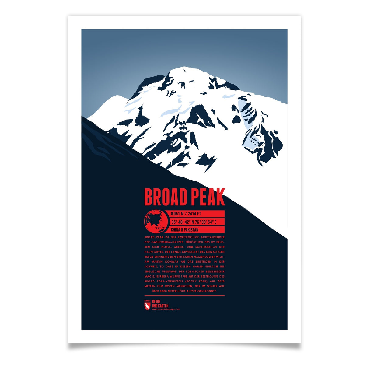 Broad Peak als illustrierter Druck von Marmota Maps (8051 m, Karakorum)