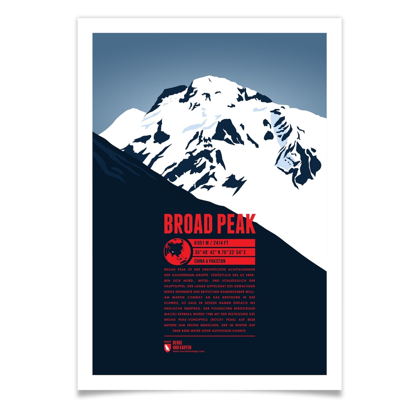 Broad Peak als illustrierter Druck von Marmota Maps (8051 m, Karakorum)
