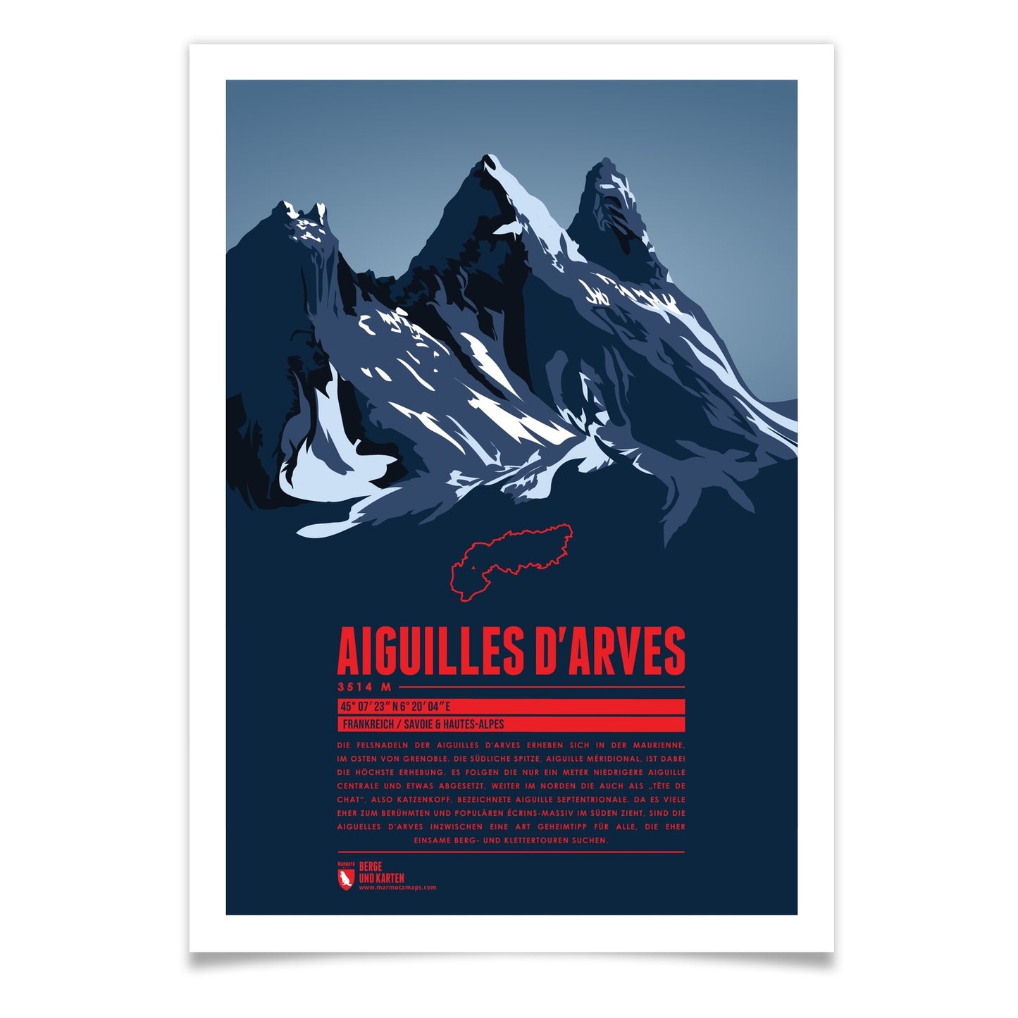 Aiguilles d'Arves als illustrierter Druck von Marmota Maps (3514 m, Aiguilles d'Arves-Gruppe)