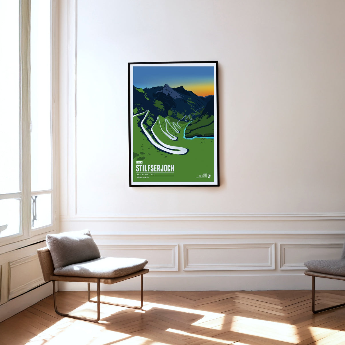 Stilfser Joch als Druck an einer Wand hängend