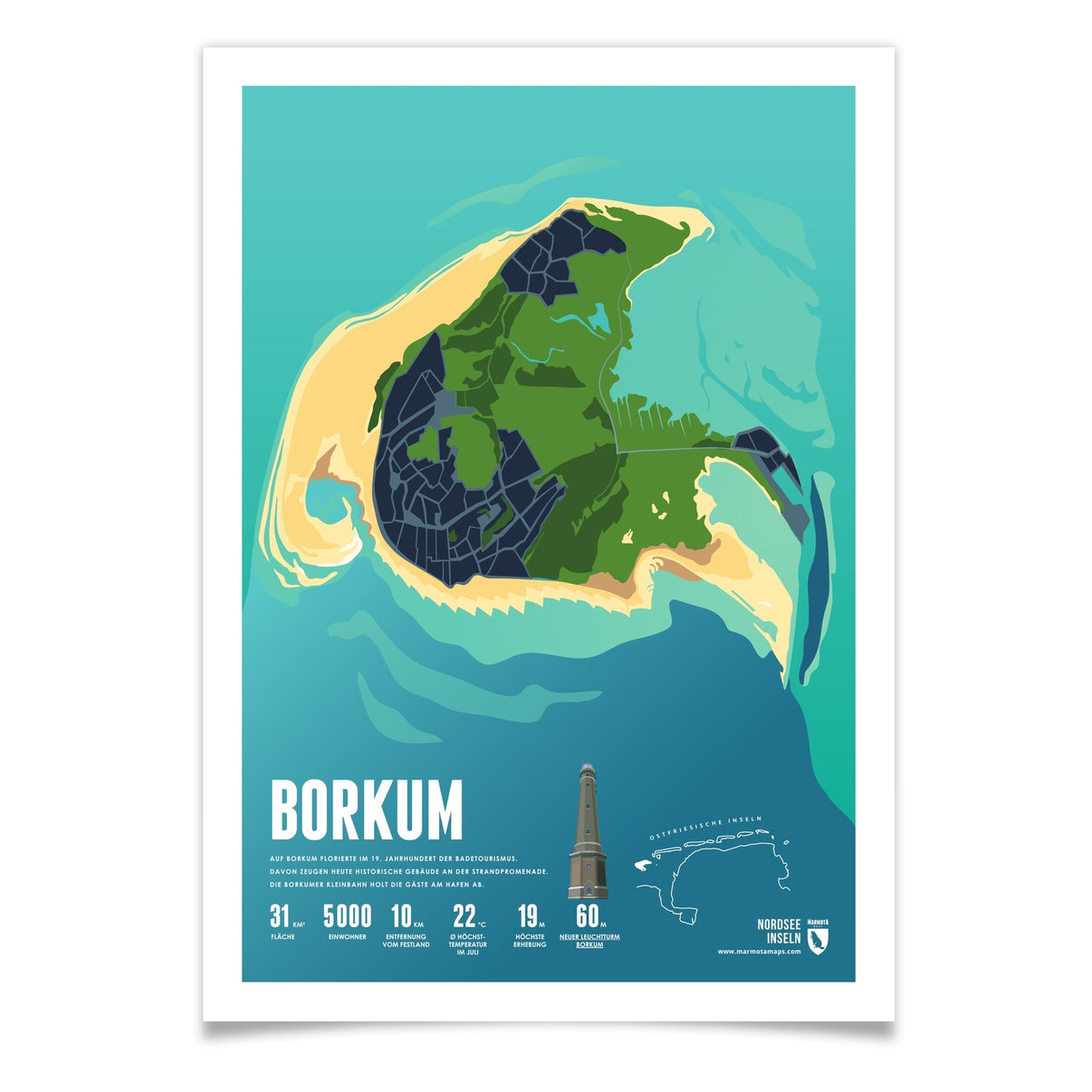 Borkum als illustrierter Druck von Marmota Maps (Ostfriesische Inseln)