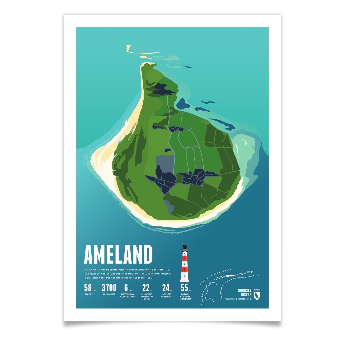 Ameland als illustrierter Druck von Marmota Maps (Westfriesische Inseln)
