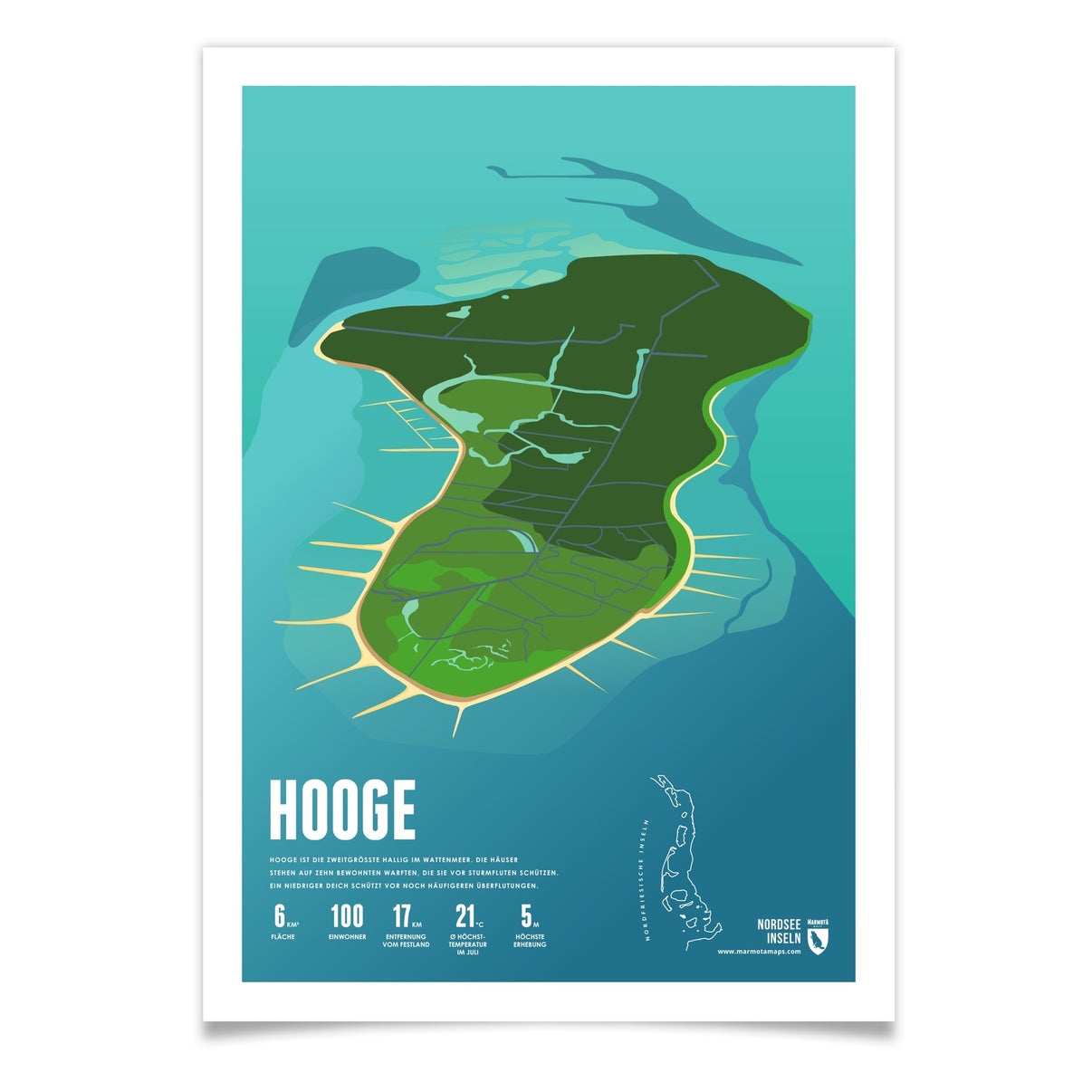Hooge als illustrierter Druck von Marmota Maps (Nordfriesische Inseln Halligen)