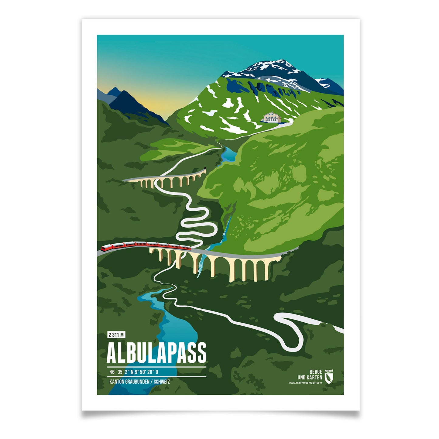 Albulapass als illustrierter Druck von Marmota Maps (2311 m)
