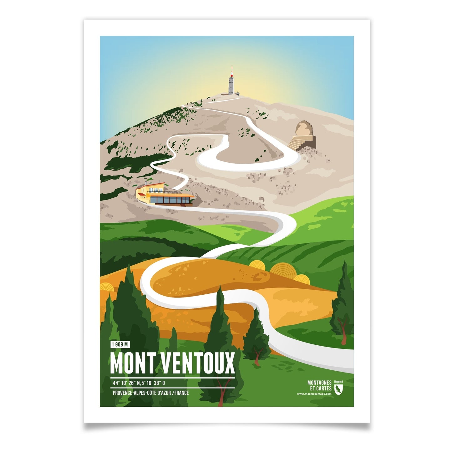 Mont Ventoux (Pass) als illustrierter Druck von Marmota Maps (1909 m)