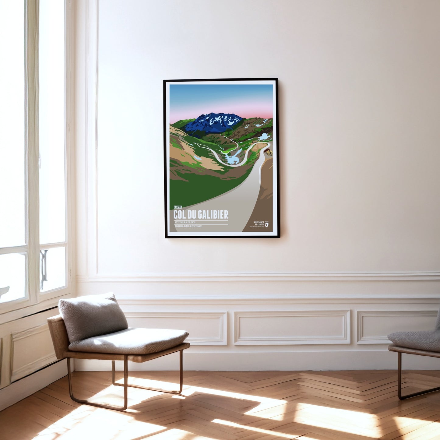 Col du Galibier als Druck an einer Wand hängend