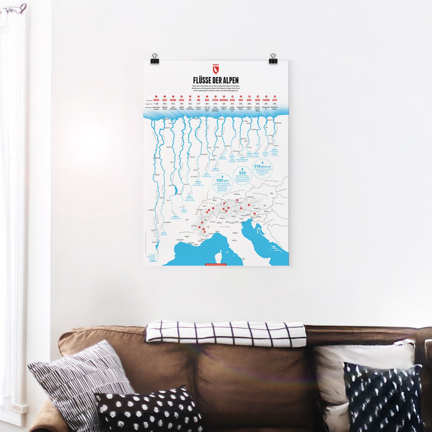 Flüsse der Alpen als illustrierter Druck von Marmota Maps auf Papier