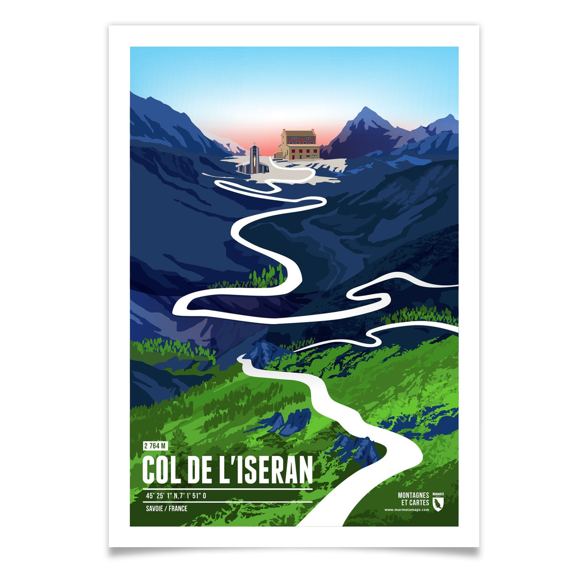 Col de l'Iseran als illustrierter Druck von Marmota Maps (2764 m)