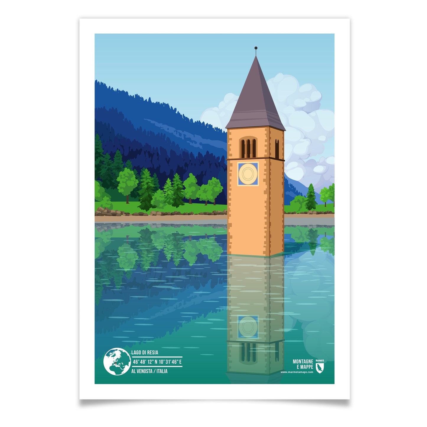Reschensee als illustrierter Druck von Marmota Maps