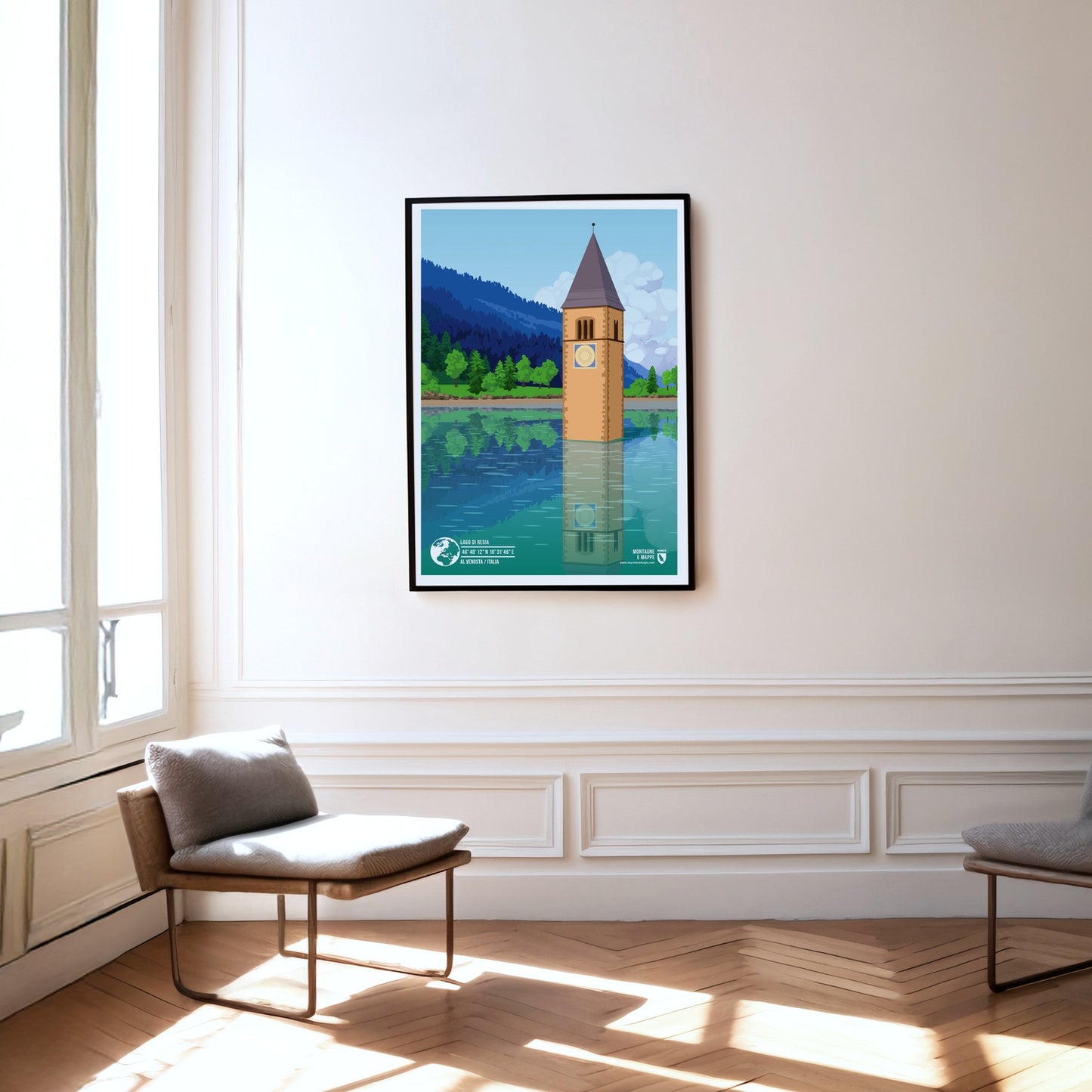 Lago di Resia as a print hanging on a wall