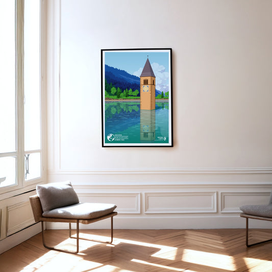 Lago di Resia as a print hanging on a wall