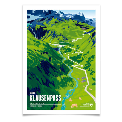 Klausenpass als illustrierter Druck von Marmota Maps (1948 m)