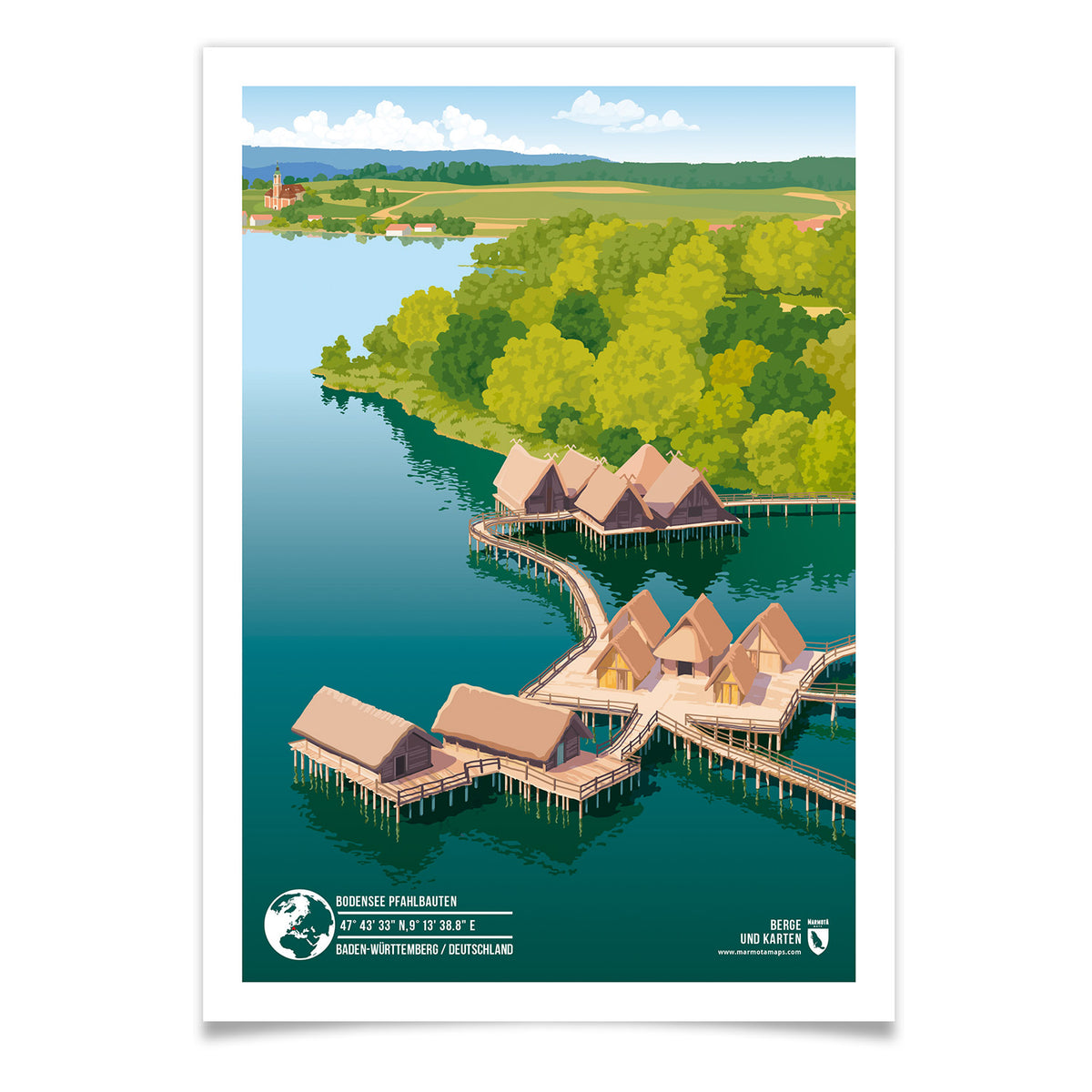 Bodensee Pfahlbauten als illustrierter Druck von Marmota Maps