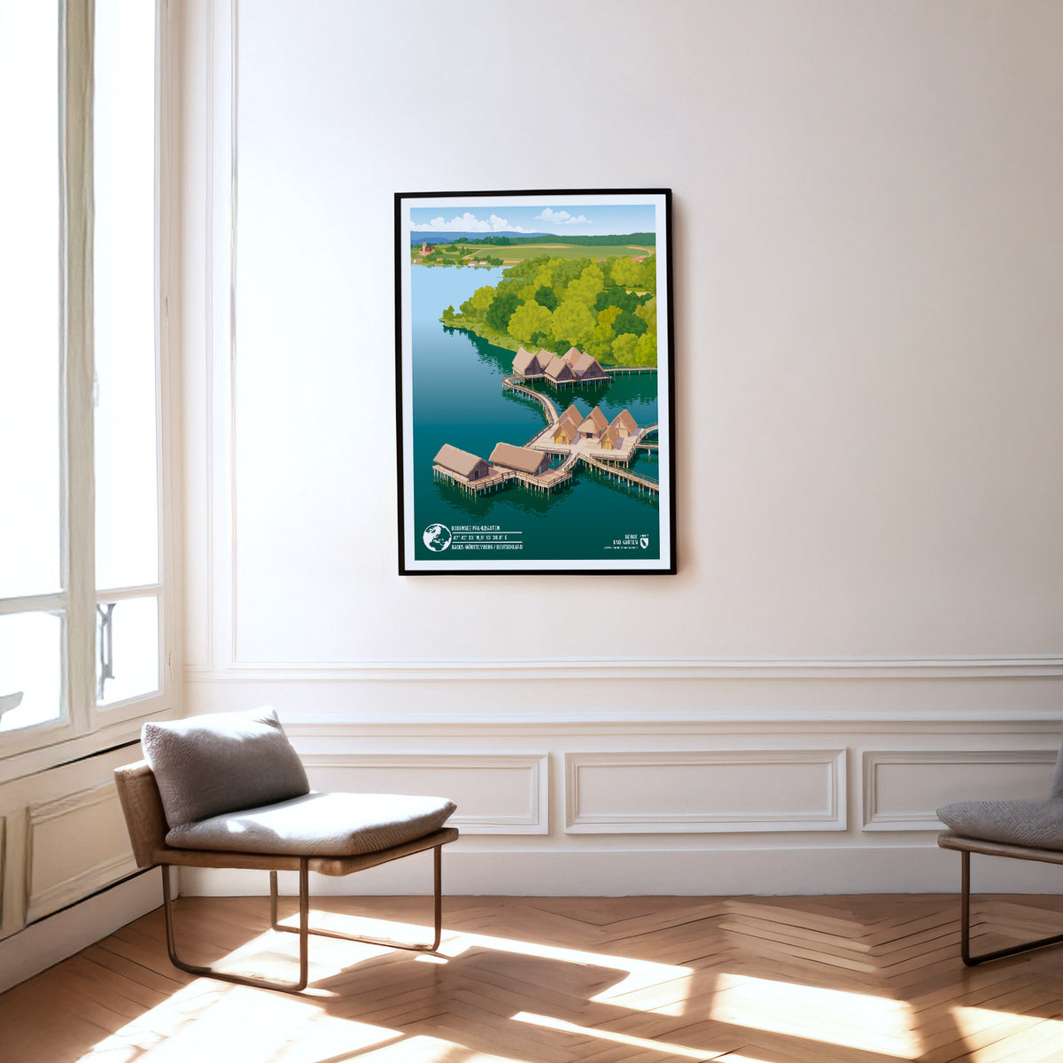 Bodensee Pfahlbauten als Druck an einer Wand hängend
