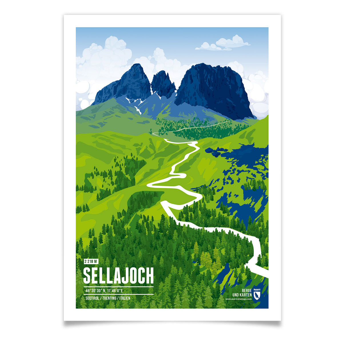 Sellajoch als illustrierter Druck von Marmota Maps (2218 m)