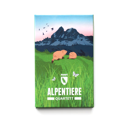 Verpackung des Kartenspiels „Alpentiere Quartett“ von Marmota Maps