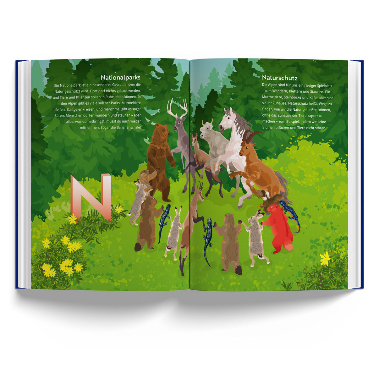 Alpen-ABC als Buch an einer Wand hängend