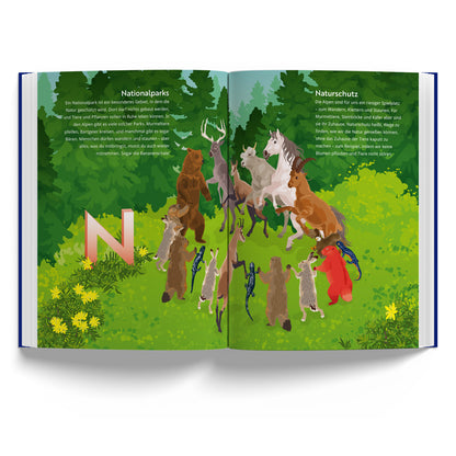 Alpen-ABC als Buch an einer Wand hängend