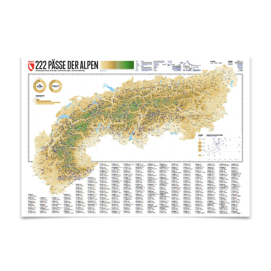 222 Pässe der Alpen – illustrierte Wandkarte von Marmota Maps