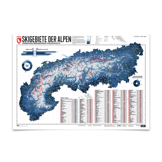 Alpenkarte mit 263 Skigebieten – illustrierte Wandkarte von Marmota Maps
