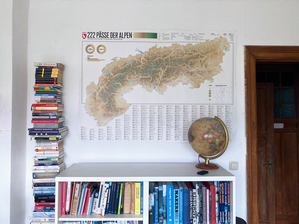 222 Pässe der Alpen – über einem Bücherregal mit Globus