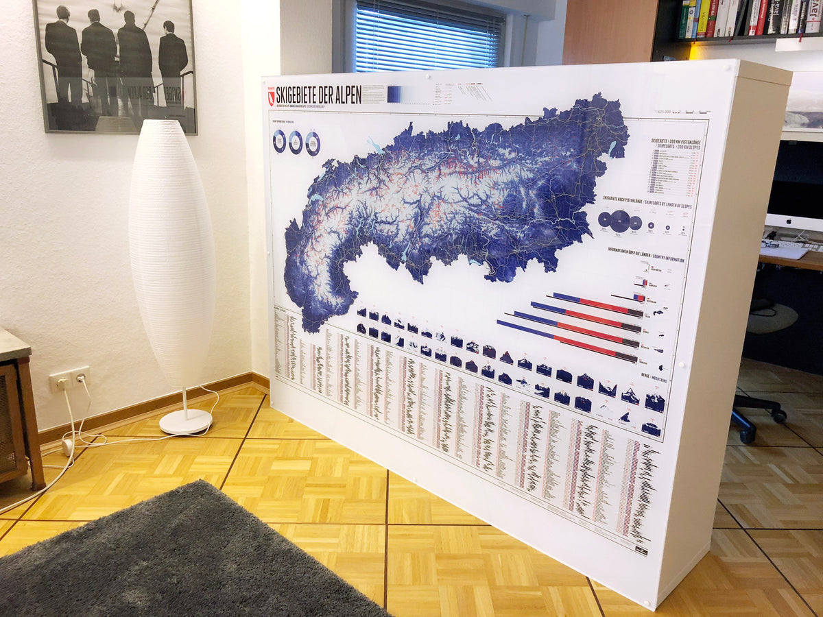 Map of the Alps with all ski resorts – as a freestanding acrylic glass room divider in an office