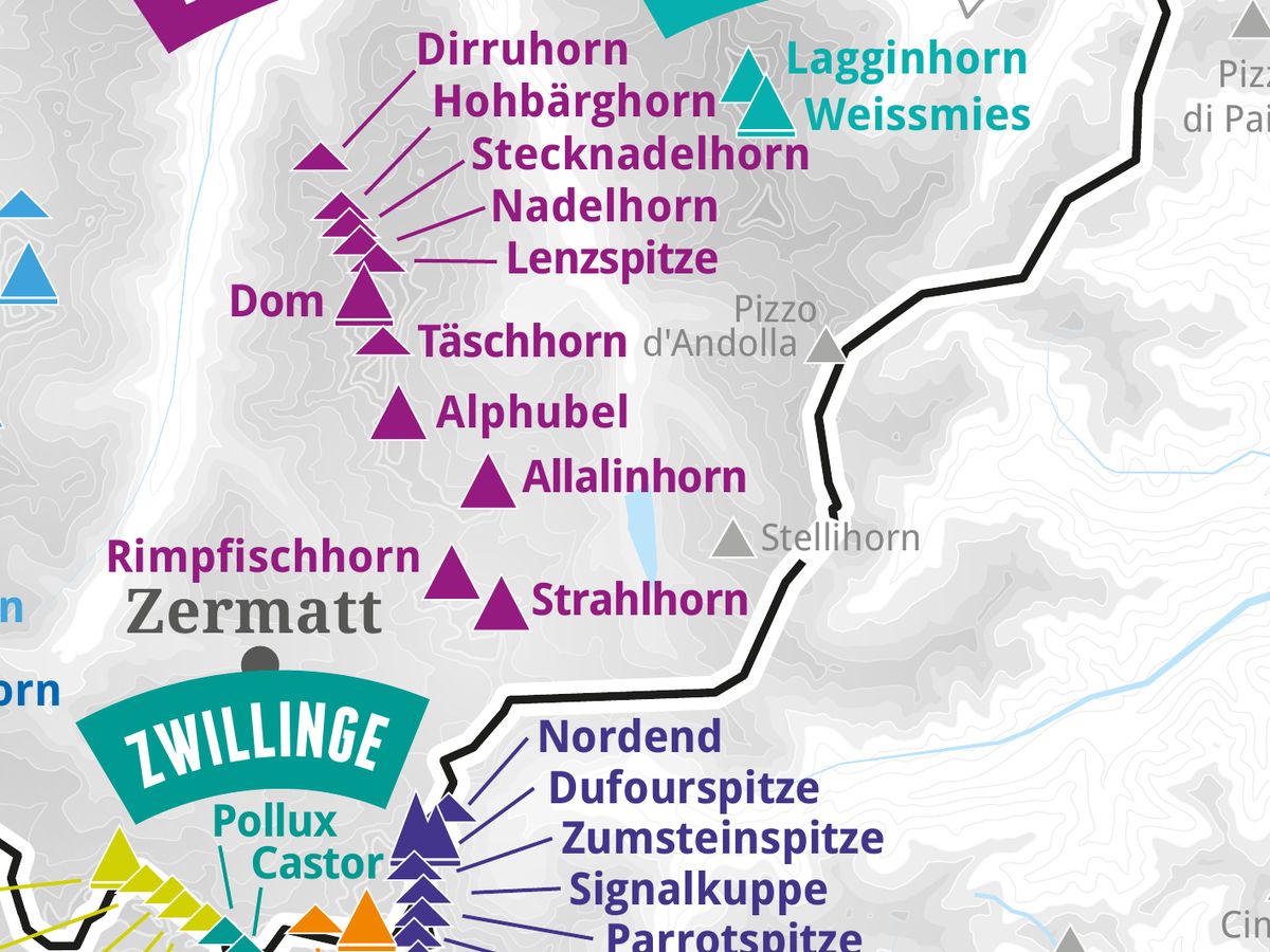 Ausschnitt aus der Wandkarte „82 Viertausender der Alpen“: Allalinhorn