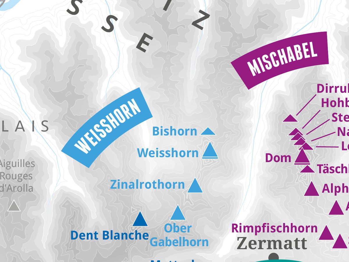 Ausschnitt aus der Wandkarte „82 Viertausender der Alpen“: Bishorn
