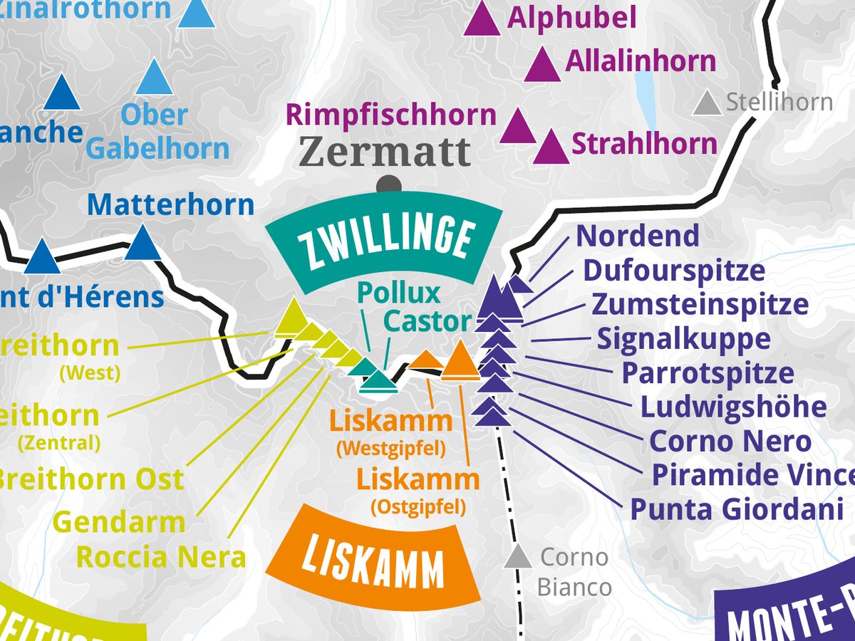 Ausschnitt aus der Wandkarte „82 Viertausender der Alpen“: Castor