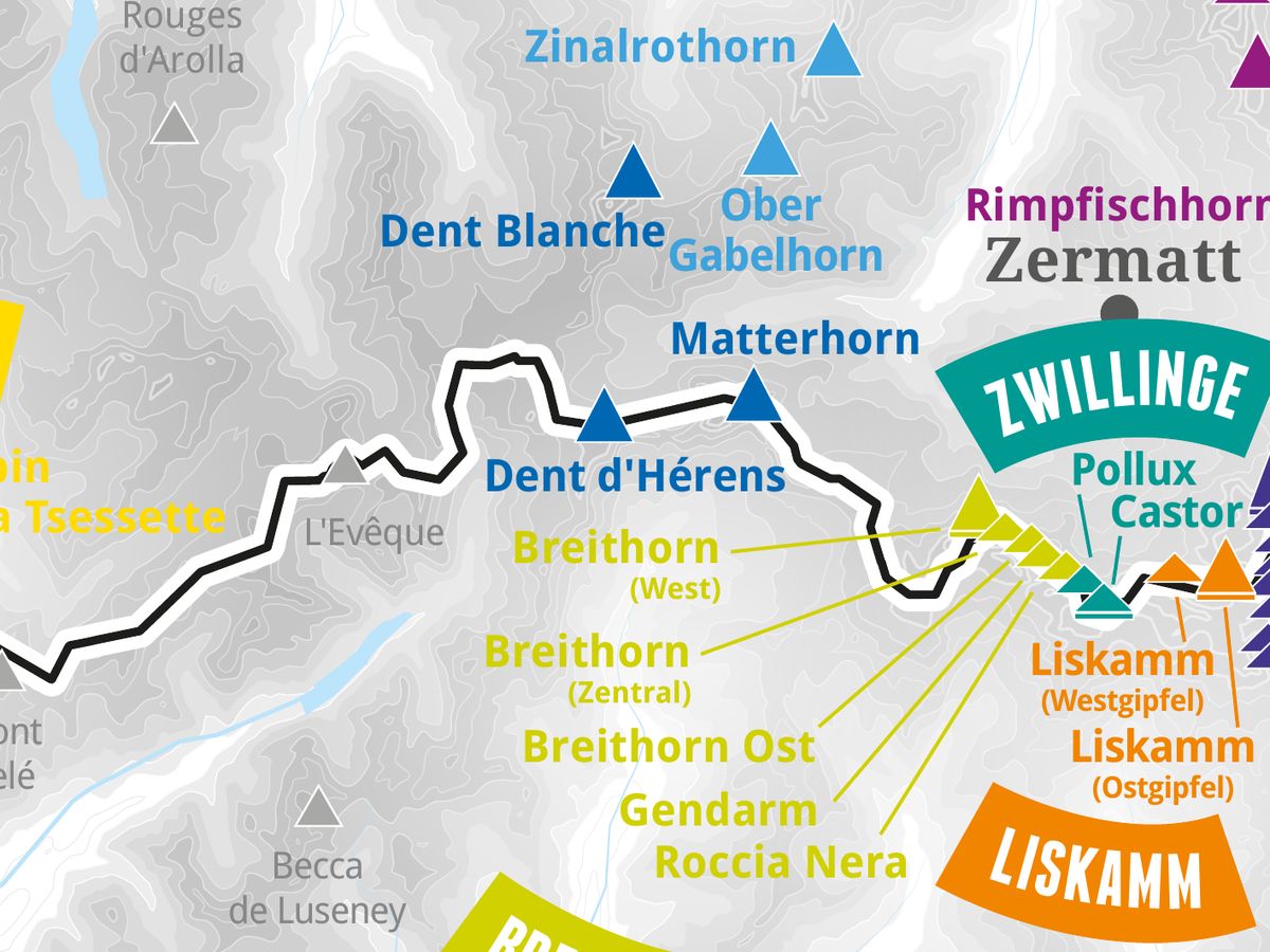 Ausschnitt aus der Wandkarte „82 Viertausender der Alpen“: Dent d’Hérens