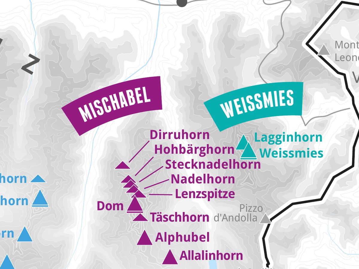 Ausschnitt aus der Wandkarte „82 Viertausender der Alpen“: Dirruhorn