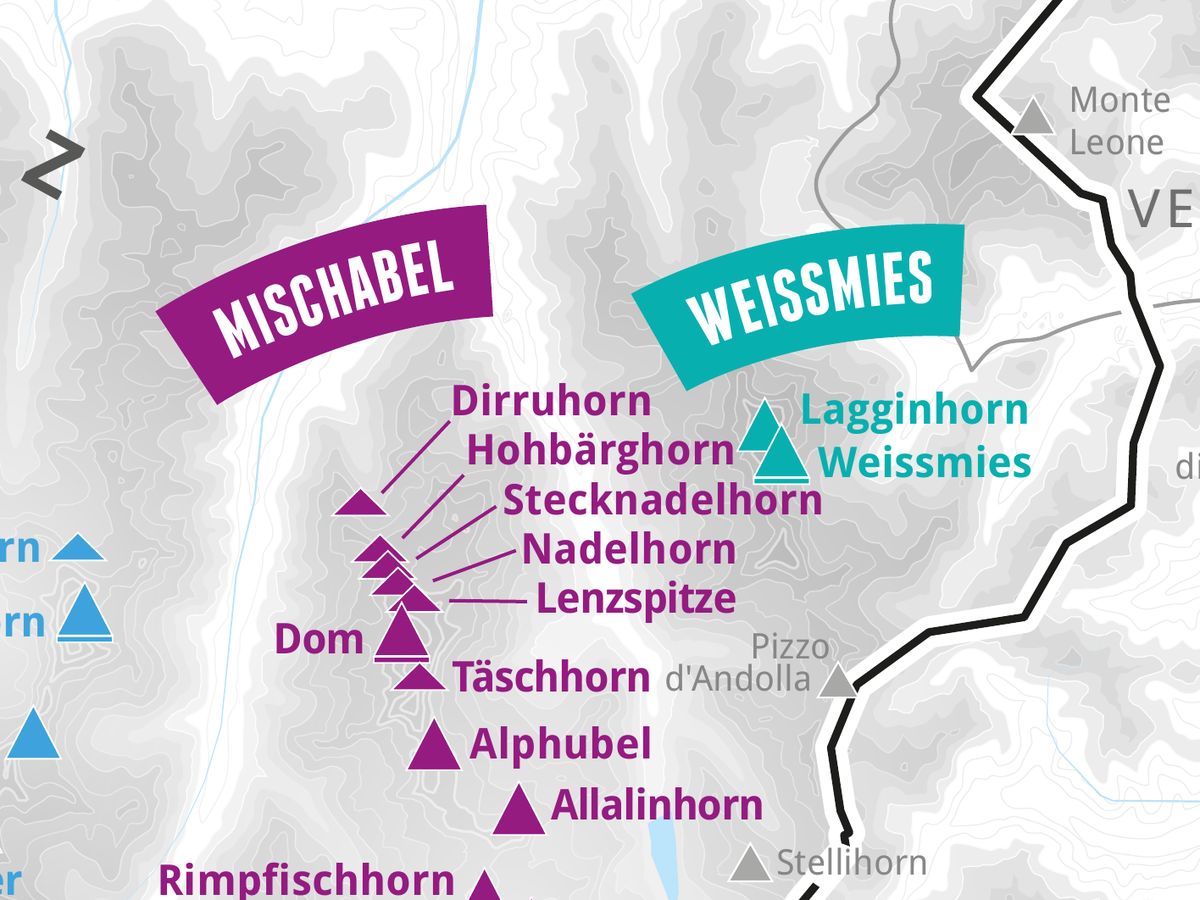 Ausschnitt aus der Wandkarte „82 Viertausender der Alpen“: Hohbärghorn