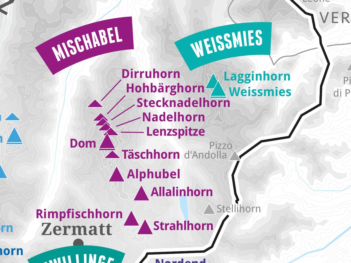 Ausschnitt aus der Wandkarte „82 Viertausender der Alpen“: Lenzspitze