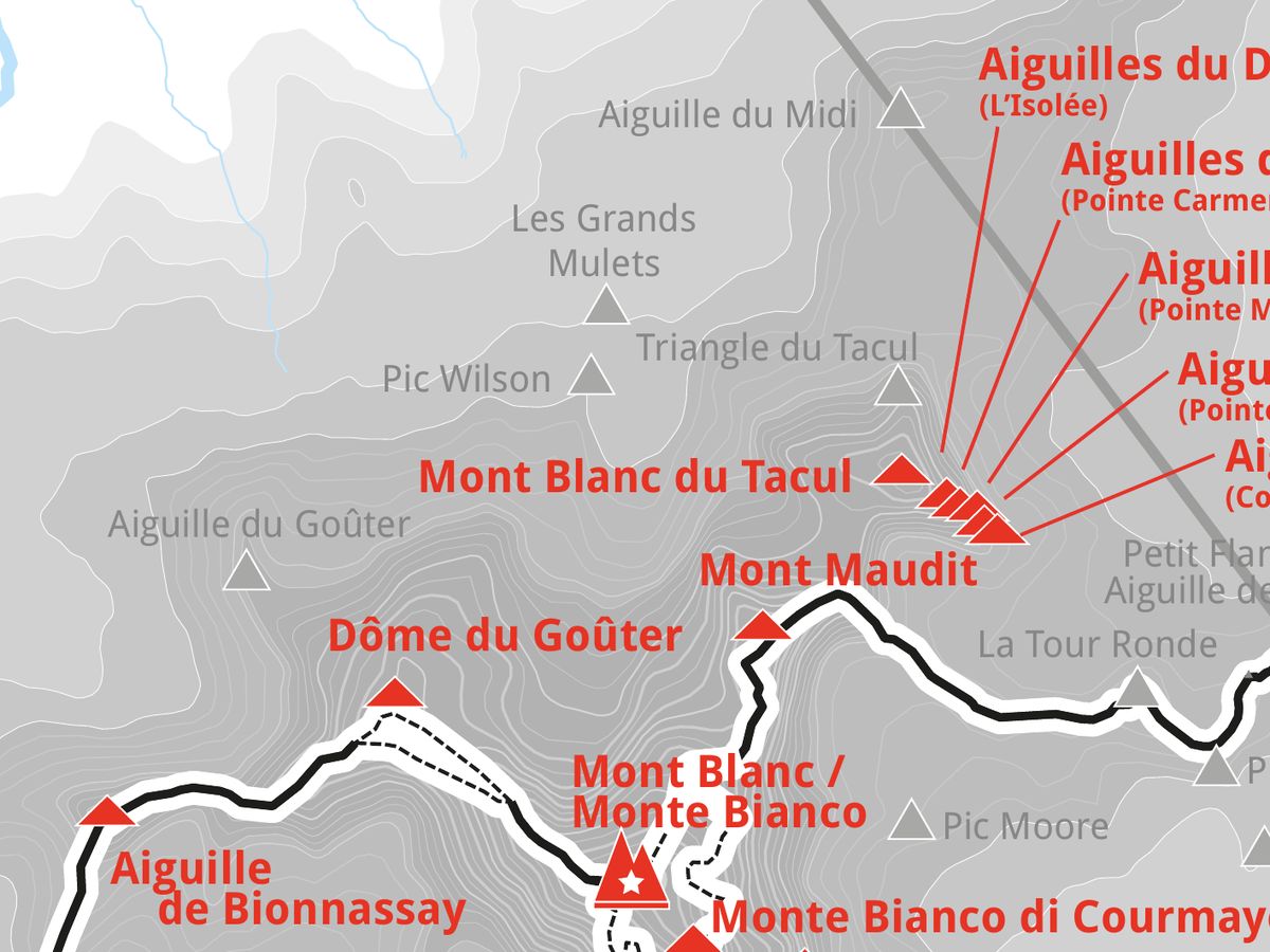 Ausschnitt aus der Wandkarte „82 Viertausender der Alpen“: Mont Blanc du Tacul