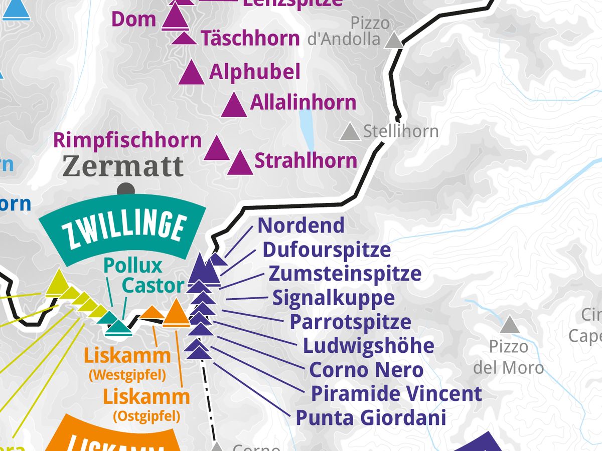 Ausschnitt aus der Wandkarte „82 Viertausender der Alpen“: Nordend