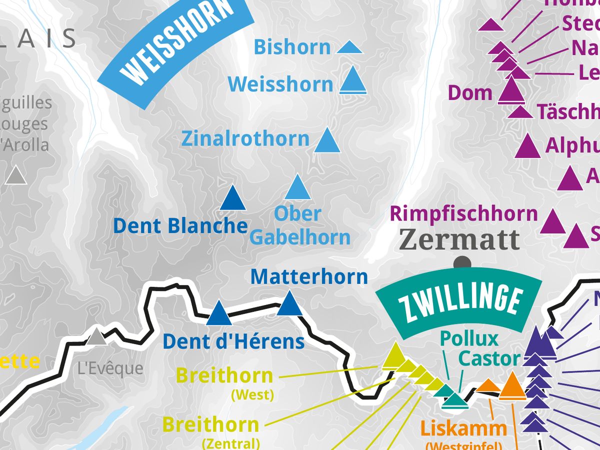 Ausschnitt aus der Wandkarte „82 Viertausender der Alpen“: Ober Gabelhorn