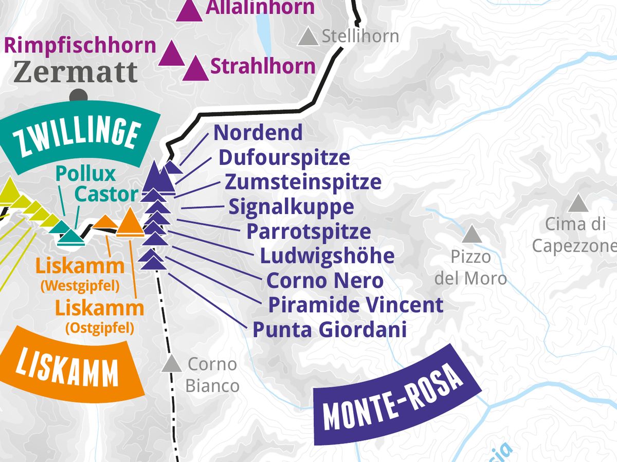 Ausschnitt aus der Wandkarte „82 Viertausender der Alpen“: Parrotspitze