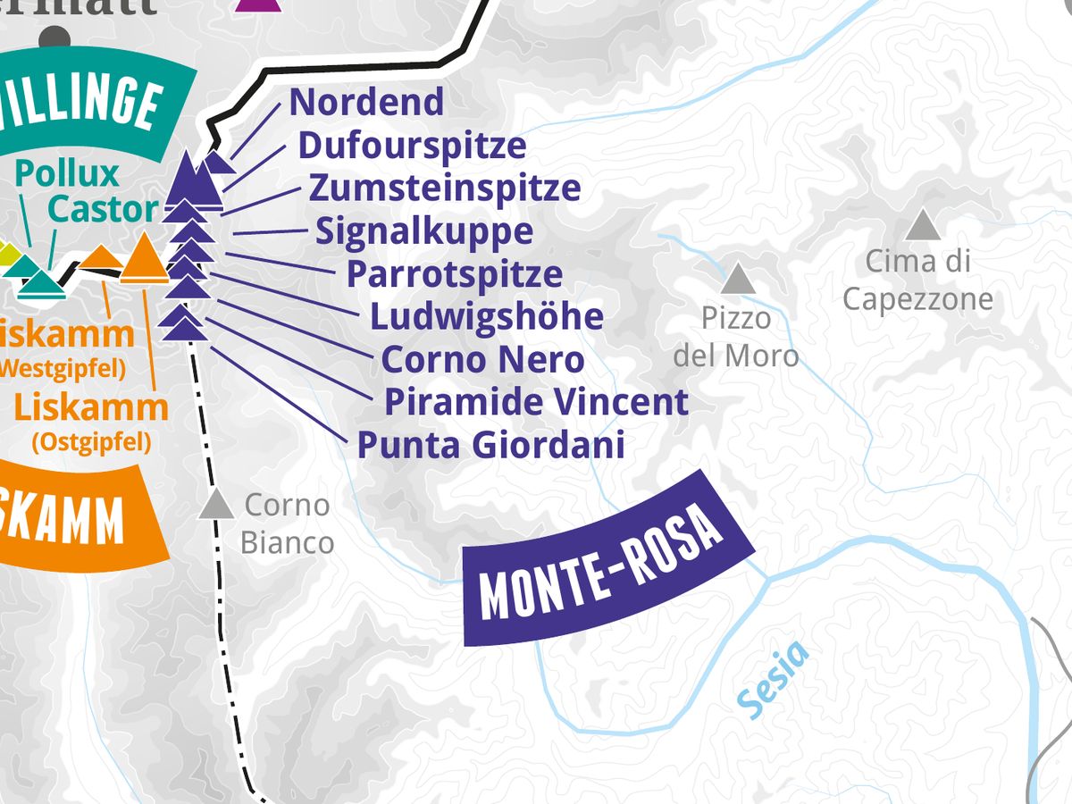 Ausschnitt aus der Wandkarte „82 Viertausender der Alpen“: Piramide Vincent