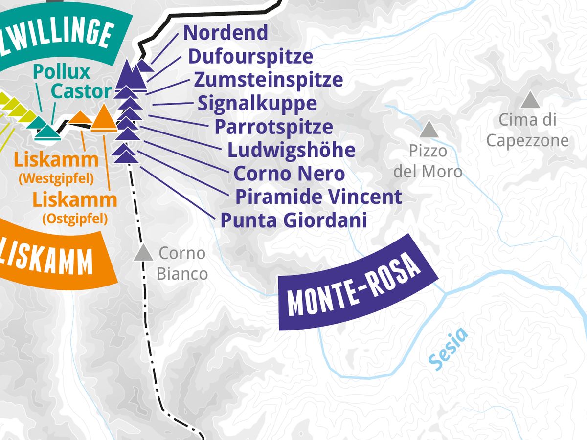Ausschnitt aus der Wandkarte „82 Viertausender der Alpen“: Punta Giordani