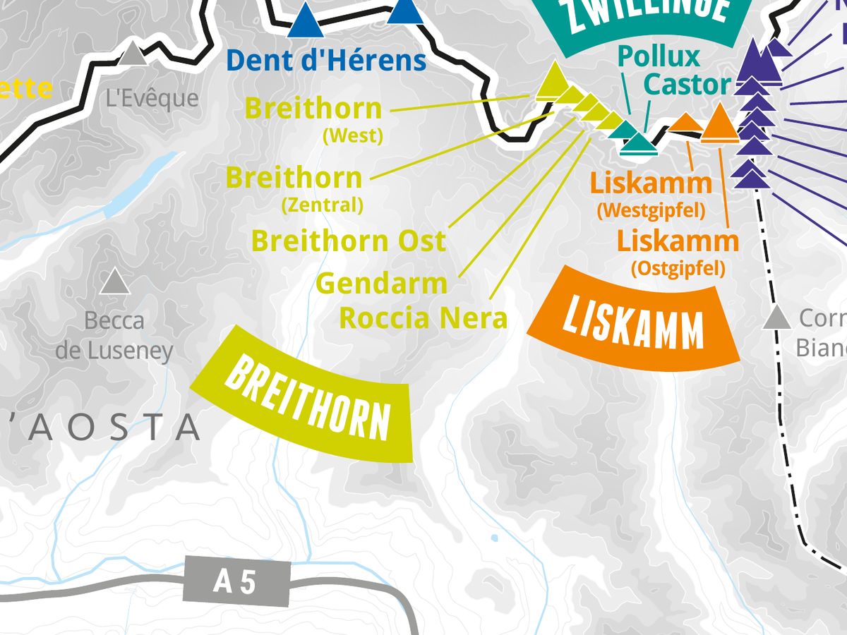 Ausschnitt aus der Wandkarte „82 Viertausender der Alpen“: Roccia Nera