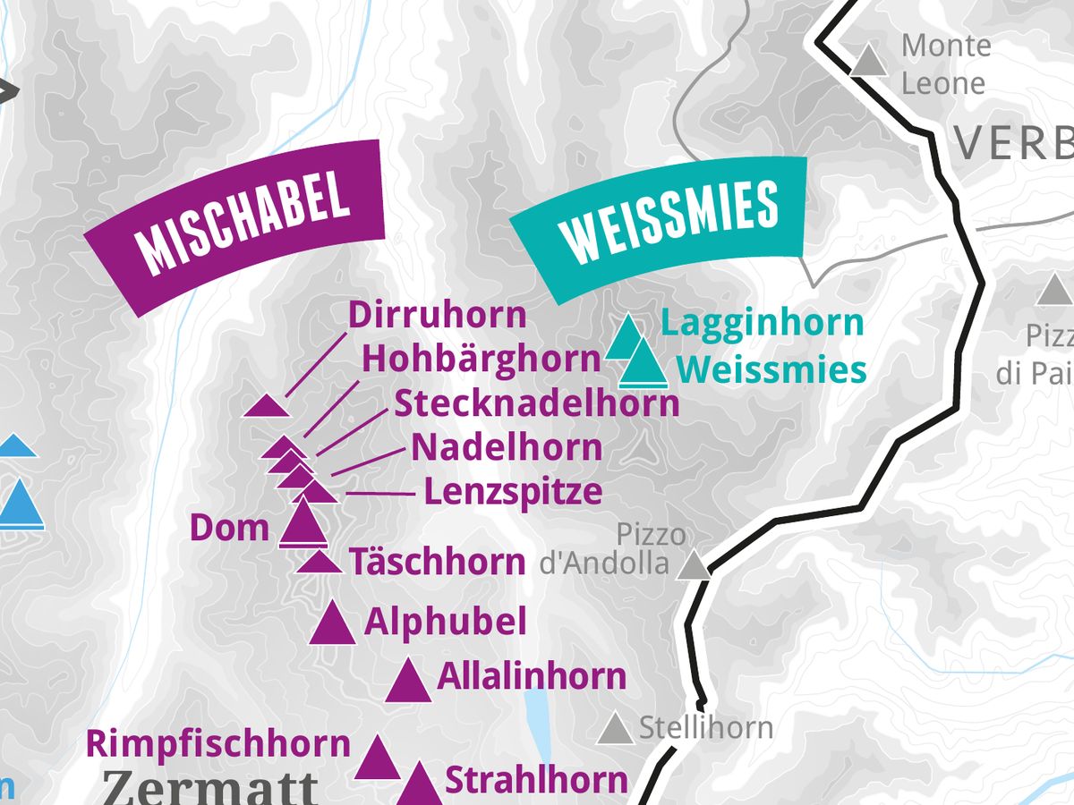 Ausschnitt aus der Wandkarte „82 Viertausender der Alpen“: Stecknadelhorn