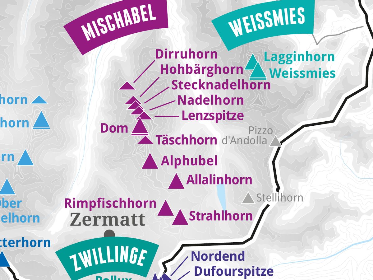 Ausschnitt aus der Wandkarte „82 Viertausender der Alpen“: Täschhorn
