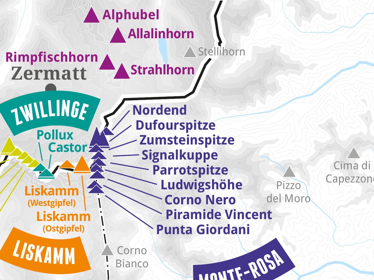 Ausschnitt aus der Wandkarte „82 Viertausender der Alpen“: Zumsteinspitze