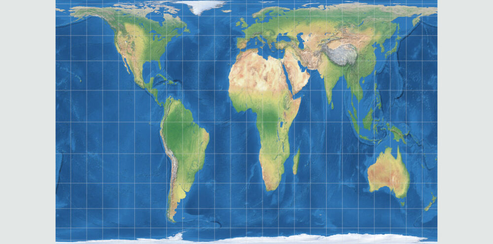 flächentreue Weltkarte mit Gall-Peters-Netzentwurf