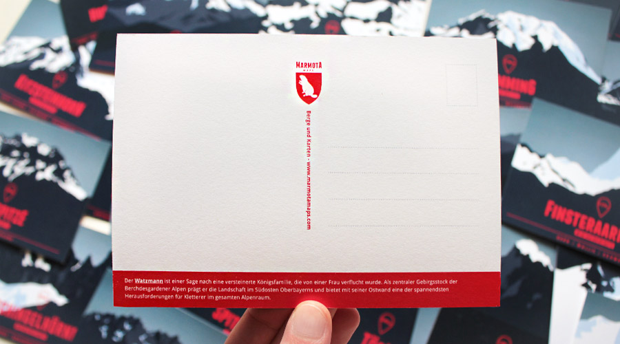30 illustrierte Alpenberge als Postkarten - Rückseite