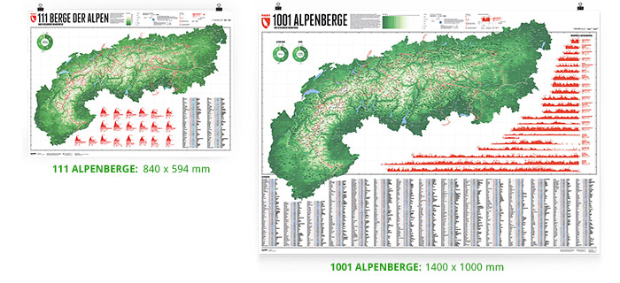 Landkarten der Berge der Alpen in 2 Größen - mit 1001 und 111 Alpengipfeln